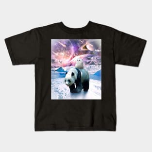 Cute Kitten Cat Riding Panda In Galaxy Space Kids T-Shirt